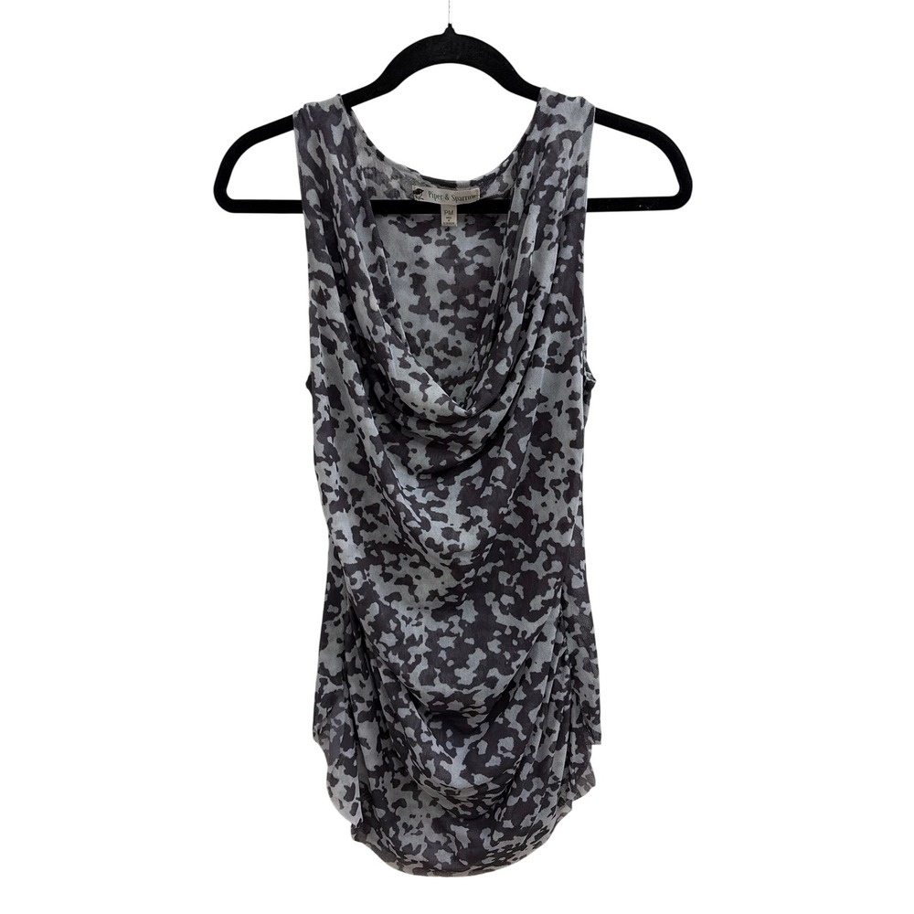 Piper & Sparrow Grey Black Mesh Cowl Neck Ruched Sleeveless Top Petite Medium PM